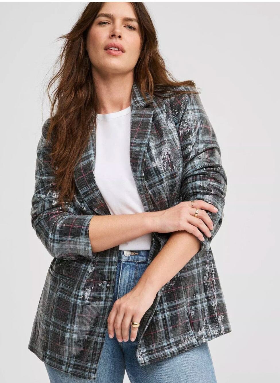 Torrid Size 4 4X Sequin Plaid Blazer Gray Black Button Front Jacket
